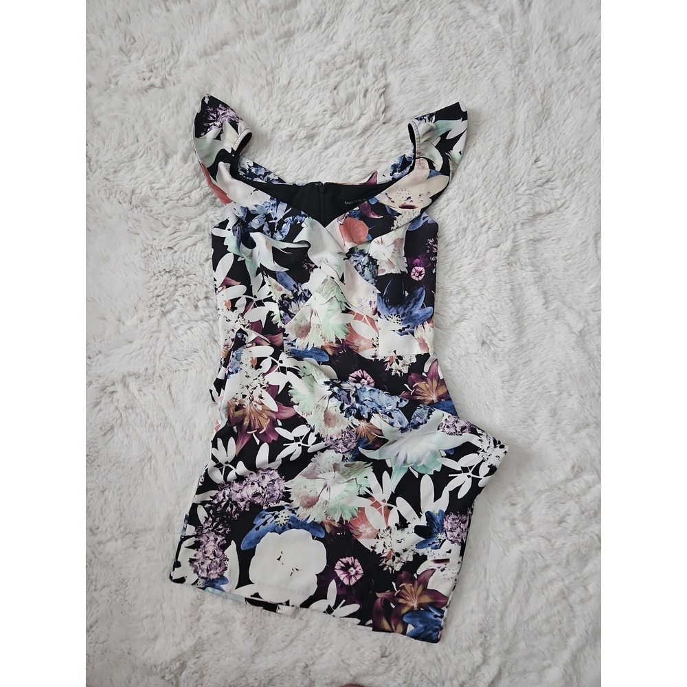 Saks Fifth Avenue Multi Color Bold Floral Scuba Sheath‎ Dress Sz 2 V-Neck